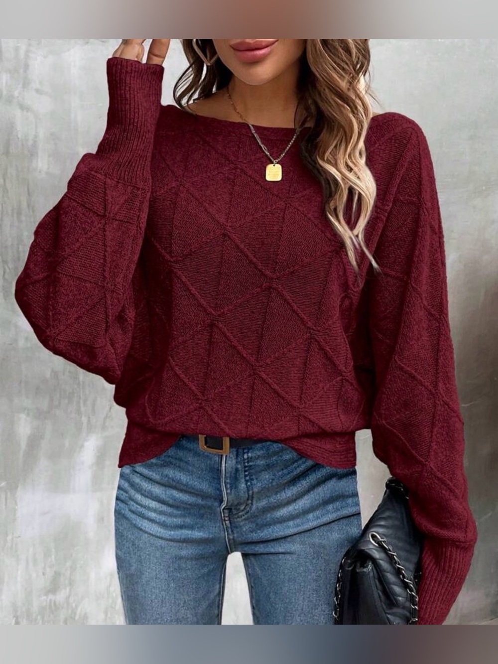 SHEIN- Cozy Diamond-Knit Boatneck Sweater - Size XL